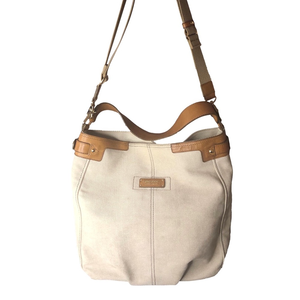 BURBERRY Blue Label Light Beige Canvas Bag with Leather Trim and Crossbody Strap